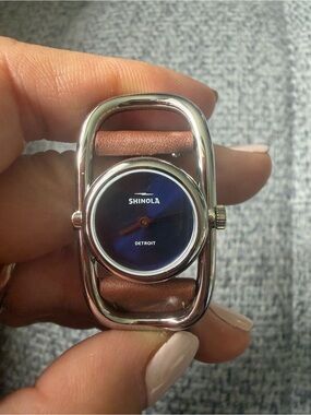 Shinola Navy Dial Silver-Tone Oval Case Watch with Brown Leather Strap